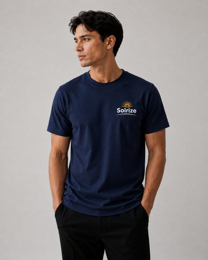 Model wearing Solrize Essential Navy Blue Tee regular fit t-shirt