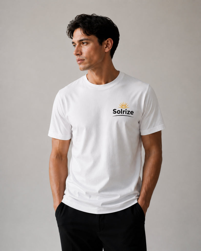 Model wearing Solrize Essential White Tee regular fit t-shirt