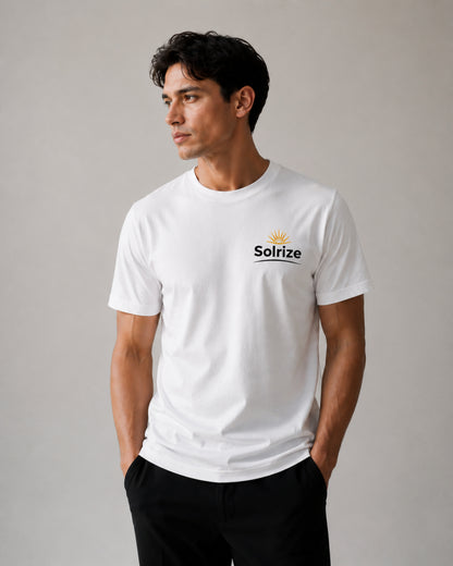Model wearing Solrize Essential White Tee regular fit t-shirt